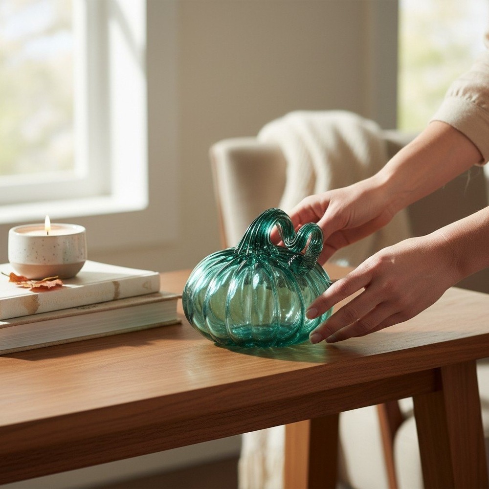 HomeGoods Glass Pumpkin Harvest Teal Green Brand New Hand Blown Style Decor
